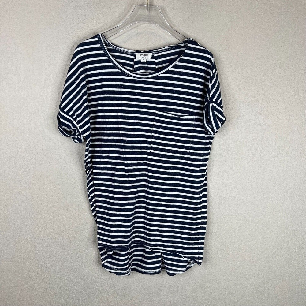 Umgee Womens Pocket Tee Shirt Size Small Navy/White Striped Short Sleeve Cotton